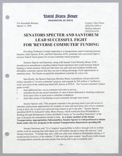 Senators Specter and Santorum lead successful fight for "reverse commuter" funding