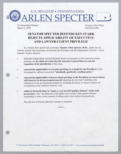 Senator Specter defends Ken Starr, rejects applicability of executive and lawyer-client privilege