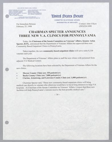 Chairman Specter announces three new VA clinics for Pennsylvania