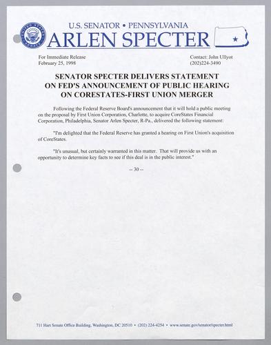 Senator Specter delivers statement on Fed's announcement of public hearing on CoreStates-First Union merger