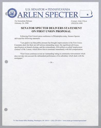 Senator Specter delivers statement on First Union proposal