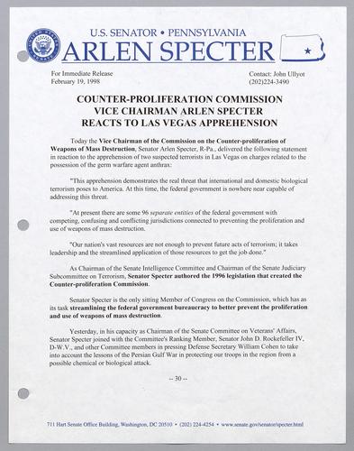 Counter-proliferation Commission Vice Chairman Arlen Specter reacts to Las Vegas apprehension