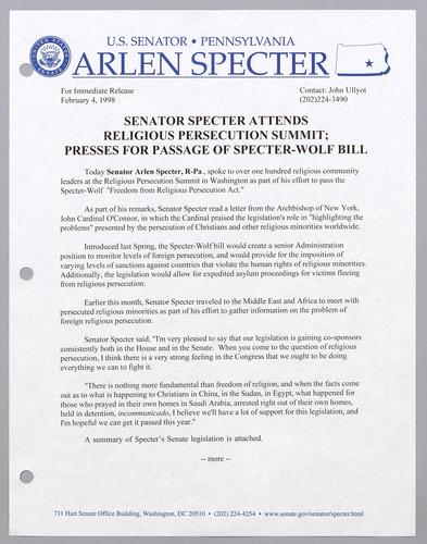 Senator Specter attends religious persecution summit; presses for passage of Specter-Wolf Bill