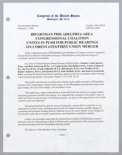 Bipartisan Philadelphia-area Congressional coalition unites in push for public hearings on CoreStates/First Union merger