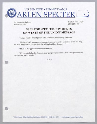 Senator Specter comments on State of the Union message
