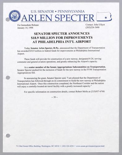 Senator Specter announces $18.9 million for improvements at Philadelphia International Airport