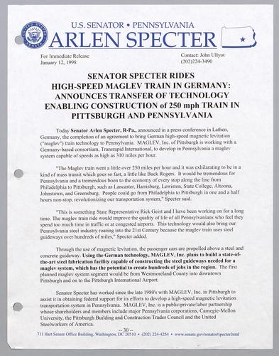 Senator Specter rides high-speed MAGLEV train in Germany: announces transfer of technology enabling construction of 250 mph train in Pittsburgh and Pennsylvania