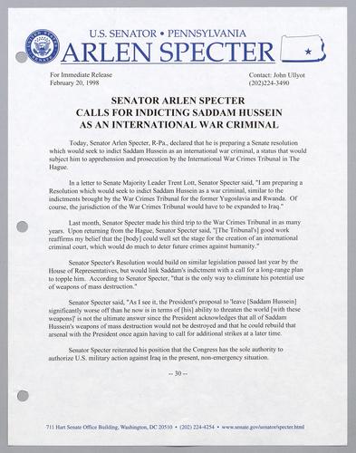 Senator Specter calls for indicting Saddam Hussein as an international war criminal