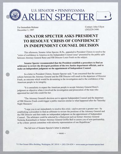 Senator Specter asks President to resolve "crisis of confidence" in independent counsel decision
