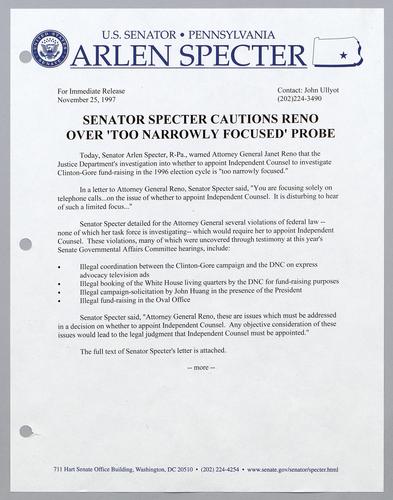 Senator Specter cautions Reno over "too narrowly focused" probe