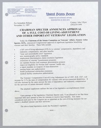 Chairman Specter announces approval of a full cost-of-living-adjustment and other important veterans' legislation