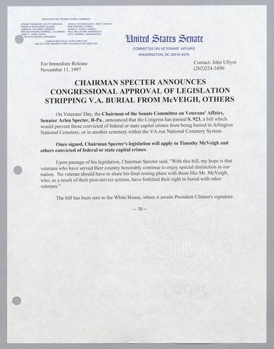 Chairman Specter announces Congressional approval of legislation stripping VA burial from McVeigh, others