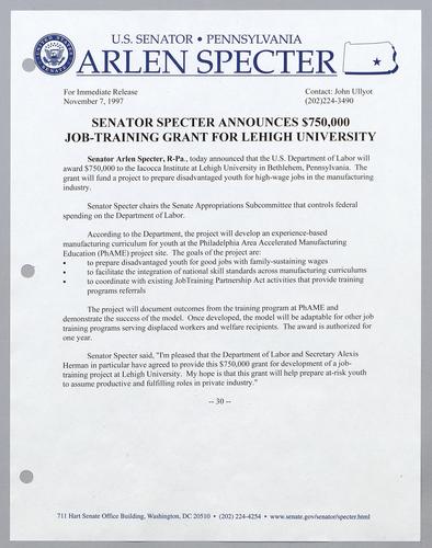 Senator Specter announces $750,000 job-training grant for Lehigh University