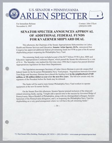 Senator Specter announces approval of additional federal funds for Kvaerner shipyard deal