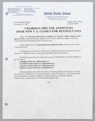 Chairman Specter announces four new VA clinics for Pennsylvania