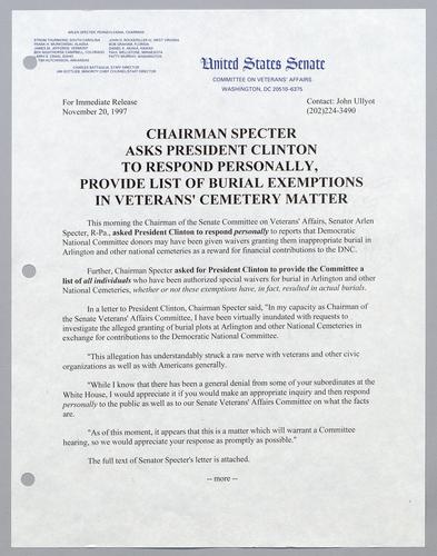Chairman Specter asks President Clinton to respond personally, provide list of burial exemptions in veterans' cemetery matters