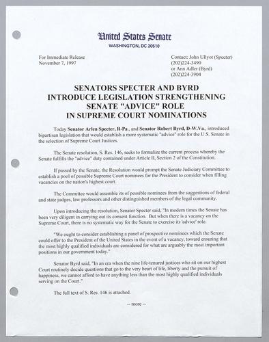 Senators Specter and Byrd introduce legislation strengthening Senate "advice" role in Supreme Court nominations