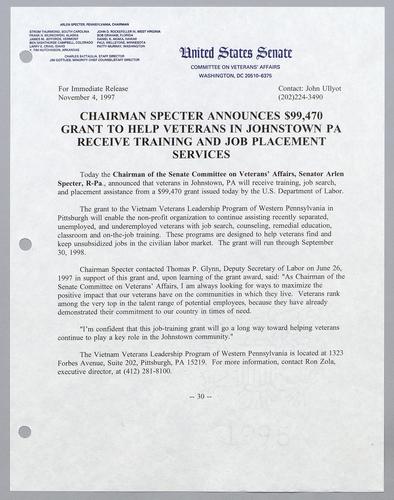 Chairman Specter announces $99,470 grant to help veterans in Johnstown, PA, receive training and job placement services