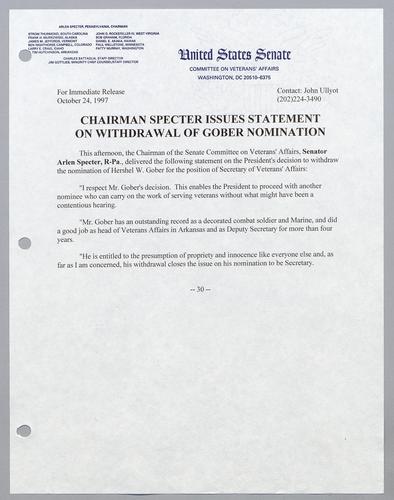 Chairman Specter issues statement on withdrawal of Gober nomination