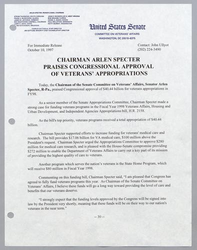 Chairman Arlen Specter praises Congressional approval of veterans' appropriations