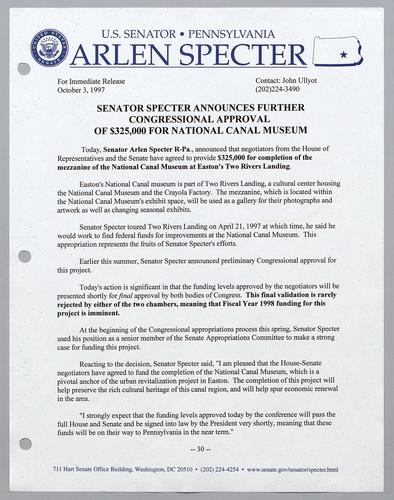 Senator Specter announces further Congressional approval of $325,000 for National Canal Museum