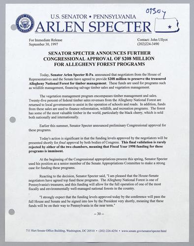 Senator Specter announces further Congressional approval of $208 million for Allegheny Forest programs