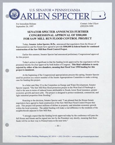 Senator Specter announces further Congressional approval of $500,000 for Saw Mill Run flood control project
