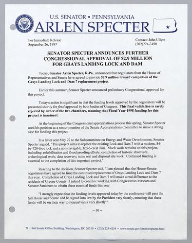 Senator Specter announces further Congressional approval of $2.9 million for Grays Landing Lock and Dam