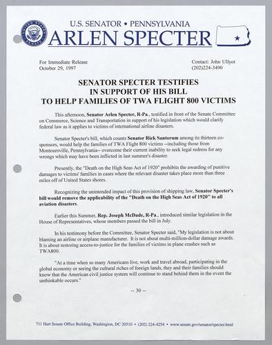 Senator Specter testifies in support of his bill to help families of TWA flight 800 victims