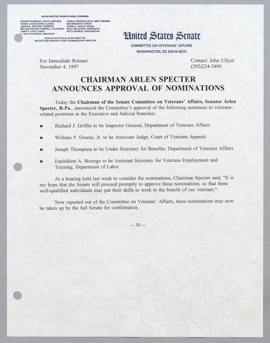 Chairman Arlen Specter announces approval of nominations