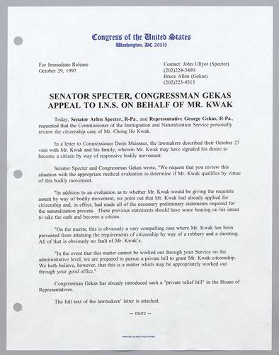 Senator Specter, Congressman Gekas appeal to INS on behalf of Mr. Kwak