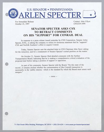 Senator Specter asks CSX to retract comments on his "support" for Conrail deal