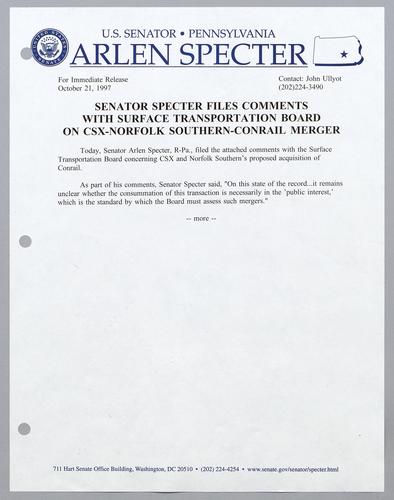Senator Specter files comments with surface transportation board on CSX-Norfolk Southern-Conrail merger