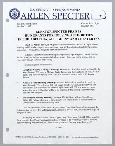 Senator Specter praises HUD grants for housing authorities in Philadelphia, Allegheny, and Chester Counties