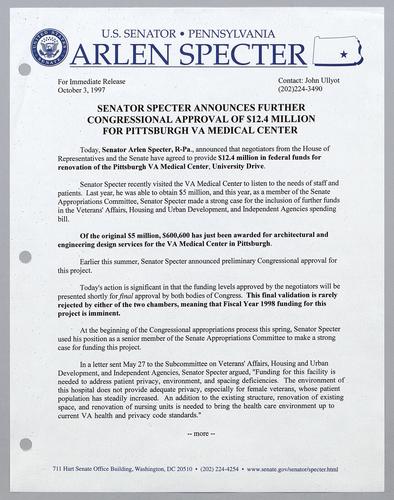 Senator Specter announces further Congressional approval of $12.4 million for Pittsburgh VA Medical Center