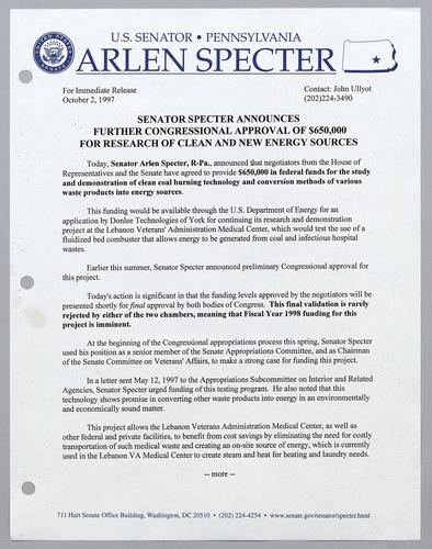 Senator Specter announces further Congressional approval of $650,000 for research of clean and new energy sources
