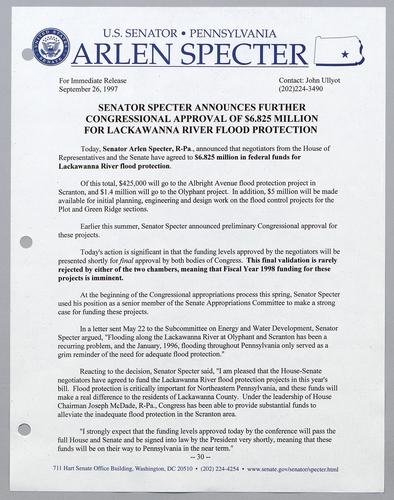 Senator Specter announces further Congressional approval of $6.825 million for Lackawanna River flood protection