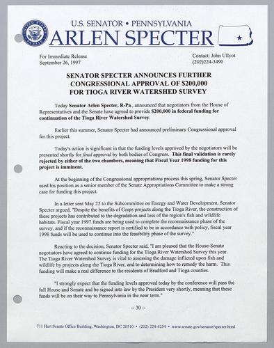 Senator Specter announces further Congressional approval of $200,000 for Tioga River watershed survey