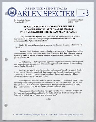 Senator Specter announces further Congressional approval of $200,000 for Aylesworth Creek dam maintenance