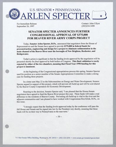 Senator Specter announces further Congressional approval of $375,000 for Beaver River Army Corps project