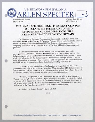 Chairman Arlen Specter urges President Clinton to declare his intention to veto supplemental appropriations bill if Senate tobacco provision remains
