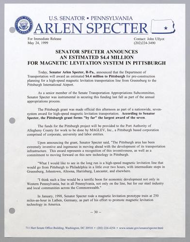 Senator Specter announces an estimated $4.4 million for magnetic levitation system in Pittsburgh