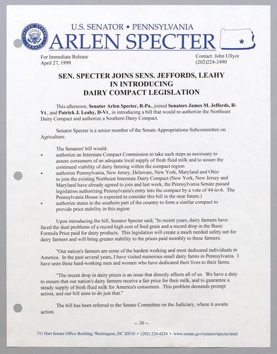 Senator Specter joins Senators Jeffords, Leahy in introducing dairy legislation