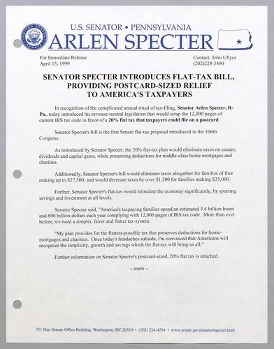 Senator Specter introduces flat-tax bill, providing postcard-sized relief to America's taxpayers