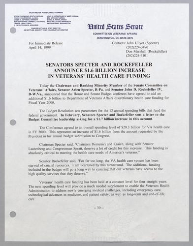 Senators Specter and Rockefeller announce $1.6 billion increase in veterans' health care funding