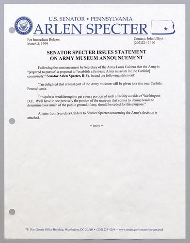Senator Specter issues statement on Army museum announcement