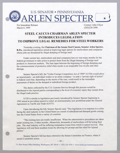 Steel Caucus Chairman Arlen Specter introduces legislation to improve legal remedies for steelworkers