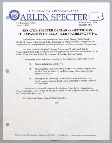 Senator Specter declares opposition to expansion of legalized gambling in PA