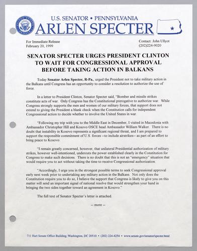 Senator Specter urges President Clinton to wait for Congressional approval before taking action in Balkans