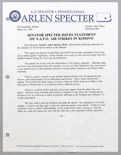 Senator Specter issues statement on NATO air strikes in Kosovo